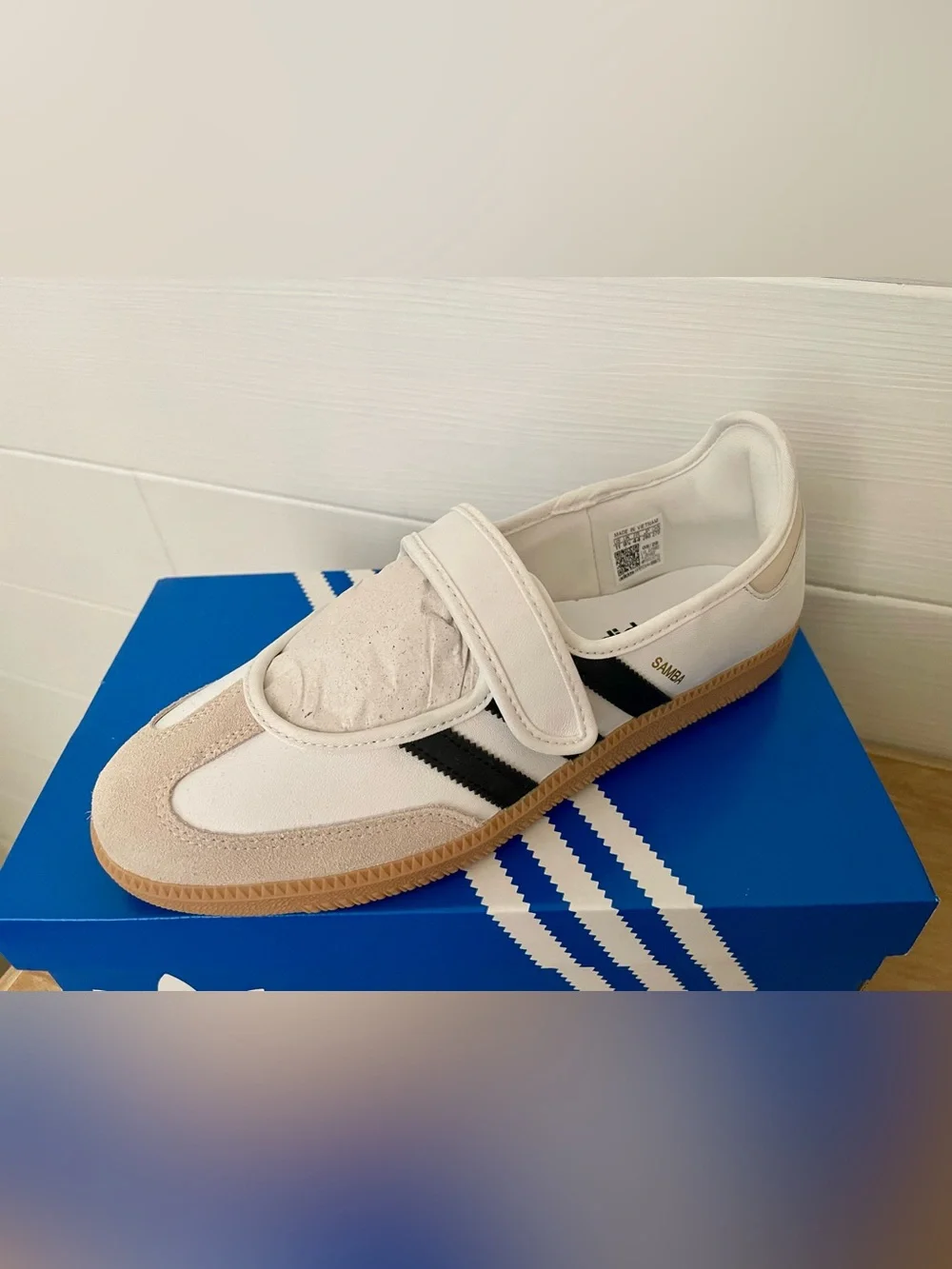 adidas Samba Strap Sneakers in White with Black Stripes and Gum Sole - Picture 4 of 4